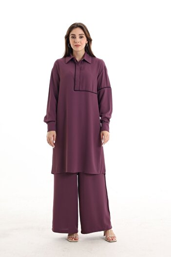QANU Beli Lastikli Krep Pantolon Mor Bol Kalıp