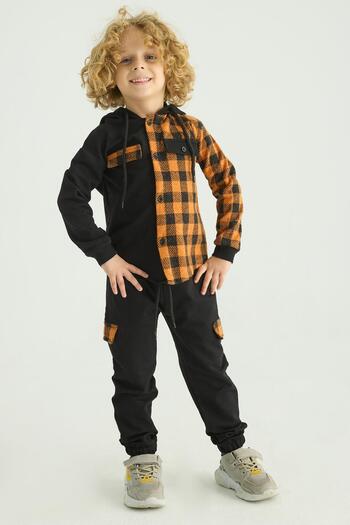zepkids Boy's Hooded Long Sleeve Orange Plaid Pocket Tracksuit Set