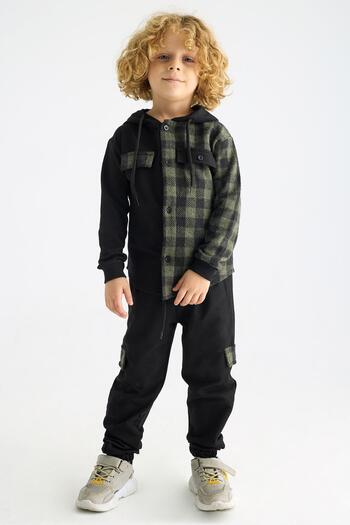 zepkids Hooded Long Sleeve Plaid Pocket Khaki Color Boy's Tracksuit Set