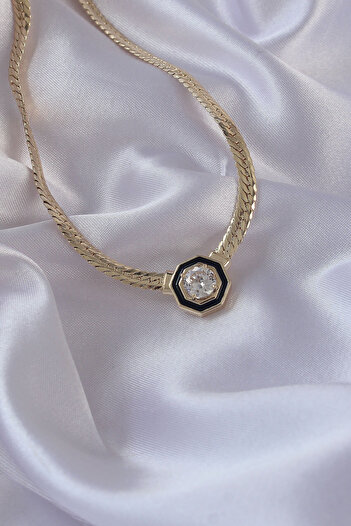arminonline Life45 Brass Zircon Stone Gold Color Black Enamel Crushed Chain Serenay Necklace