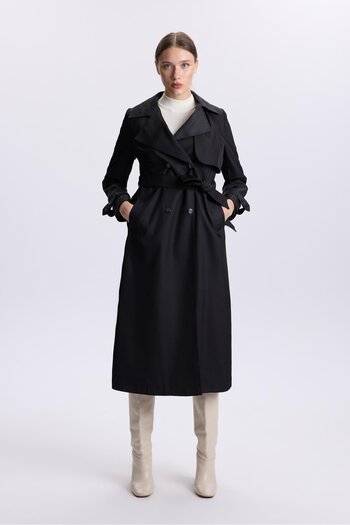 Zühre Double Breasted Collar Sleeve Detailed Black Trench Coat 13311