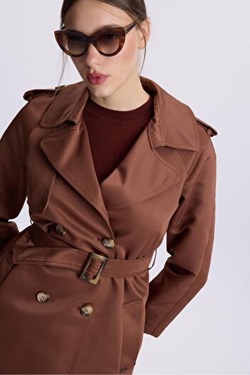 Zühre Brown Trench Coat with Shoulder Epaulettes and Back Detail 13563
