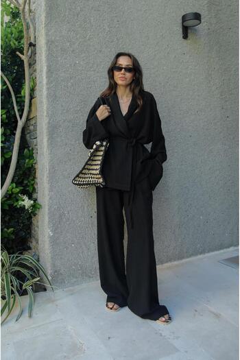 Havoş Shawl Collar Black Kimono and Pants Set