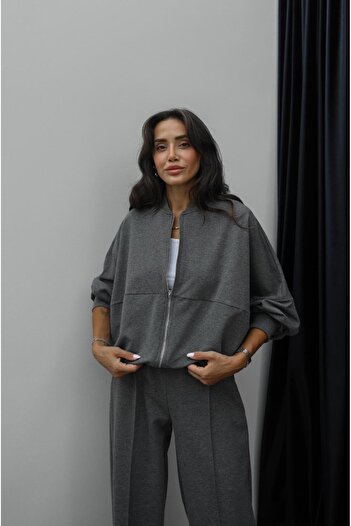 Havoş Faye Anthracite Zippered Sweatshirt and Tracksuit Set