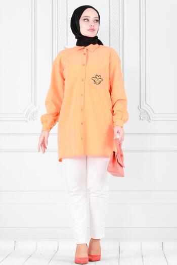 Sevitli Orange Linen Tunic with Bee Detail on Pocket
