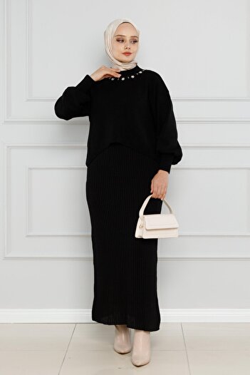 Sevitli Black Double Knitwear Set - with Pearls and Gilet