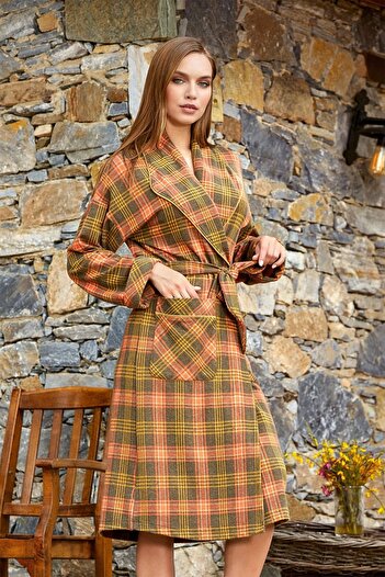 Cossy By Aqua 24056 Women's Plaid Pattern Long Dressing Gown-Khaki