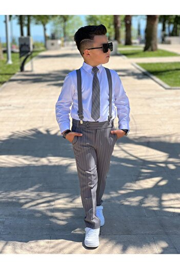 KOKOŞ BEBEK Strap Included Line Detailed Shirt, Trousers and Tie Set