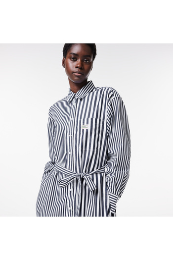 Lacoste Women's Regular Fit Long Sleeve Shirt Collar Striped White Dress