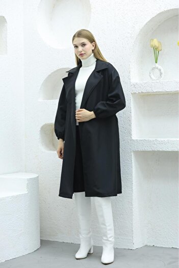 QUBERZ Balloon Sleeve Belted Trench Coat Black