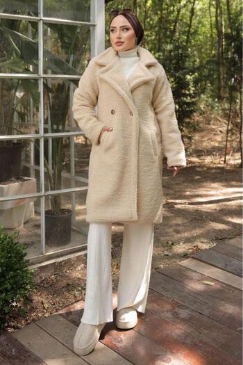 hafsamina Cream Colored Plush Coat - Fleto Pocket, Hm2506 Model