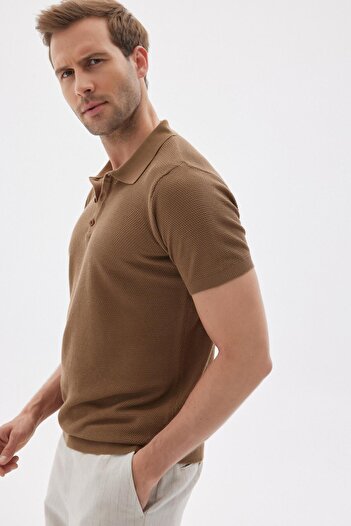 odelon Men's Brown Knitwear Polo Collar T-Shirt - Jacquard