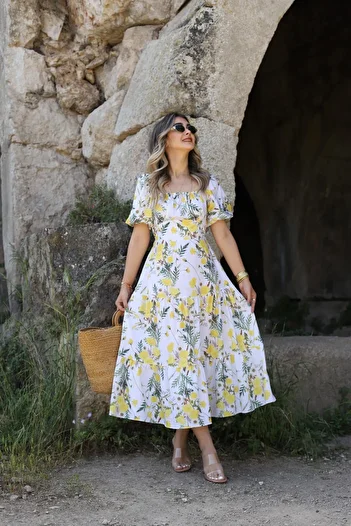 bytugcekaya Φόρεμα με κίτρινο λουλουδάτο μανίκι με μπαλόνι