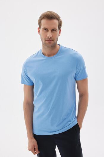 odelon Men's Slim Fit Crew Neck Light Blue Basic T-shirt - 100% Cotton