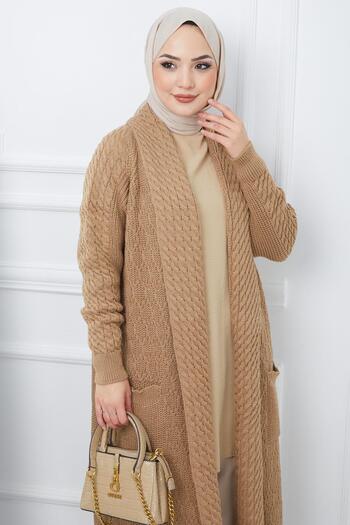 hafsamina Πλεκτό Ζακέτα με γιακά σαλιάρα Camel - Casual HM2248