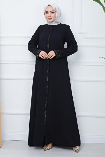 hafsamina Petek Kumaş Büyük Beden Taşlı Ferace Siyah HM2352