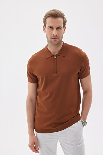 odelon Men's Brown Polo Neck Rayon Knitwear T-Shirt - Plain Zippered Limited