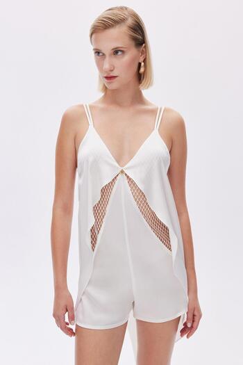 Feu De Elu Ecru Satin Jumpsuit - Calla Lily, Lace Detail
