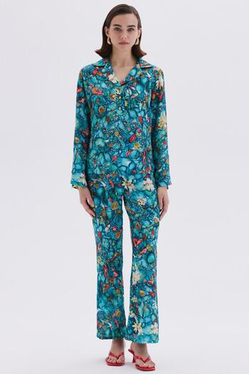 Feu De Elu Monet's Bond Desenli Uzun Saten Pijama Takımı