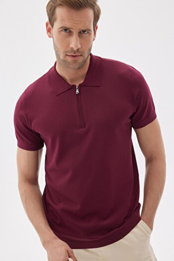 odelon Men's Claret Red Knitwear Polo Collar T-Shirt - Plain Zipper, Rayon