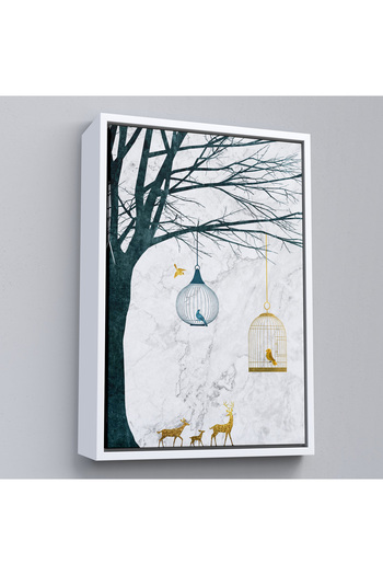 N NOXXO Painting of Deers and Birds in a Cage with Wooden Frame-7918