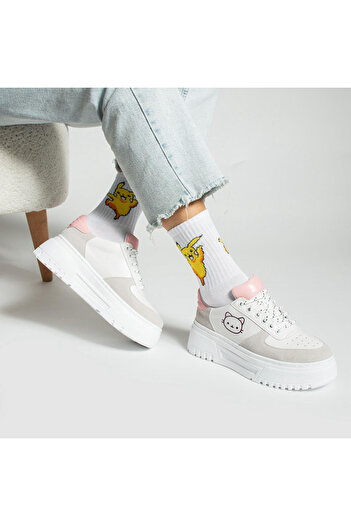 Köstebek Cream White Cat Printed High Sole Lace-Up Sneaker Shoes