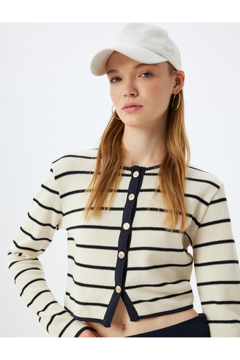 Koton Color Blocked Crop Cardigan - Buttoned, Crew Neck, Long Sleeve