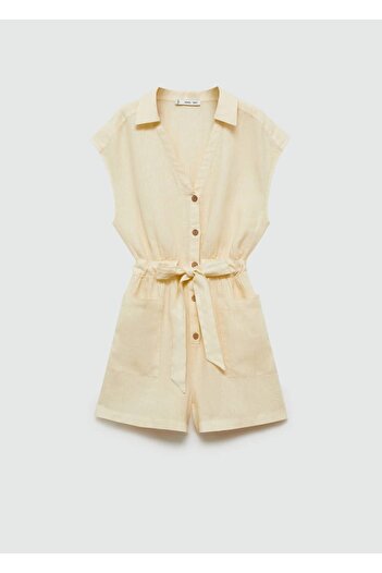 MANGO Woman Short Linen Jumpsuit with Tie Detail