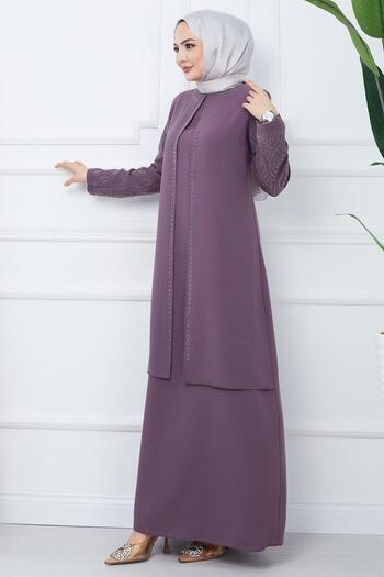 hafsamina Μητρικό φόρεμα Plus Size με κοσμήματα μανίκια, Plum HM2349