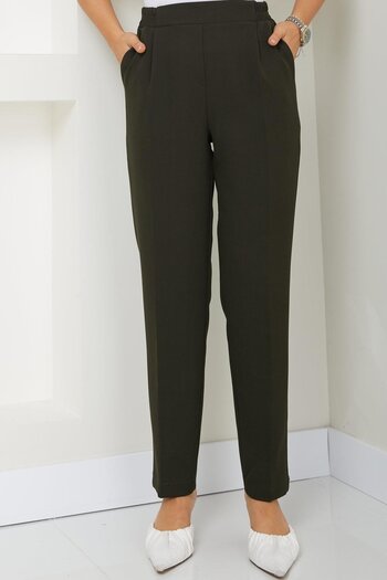 hafsamina Khaki Colored Elastic Waist Trousers - HM2487