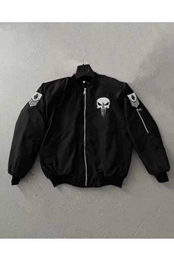 CVS GİYİM Unisex Long Sleeve Skull Printed Bomber Jacket - Black