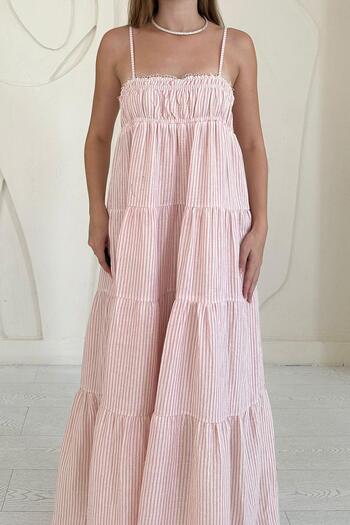 Elbee Fashion Woman Ριγέ φόρεμα μουσελίνας με κορδόνια