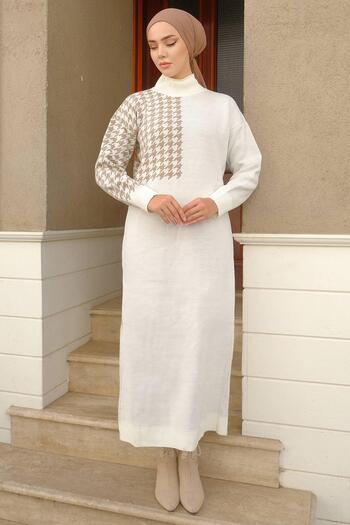 hafsamina Πλεκτό φόρεμα Houndstooth με σχέδιο λευκό HM2241