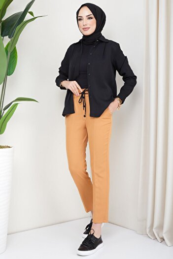 hafsamina Buttoned Lace Fabric Trousers Tan