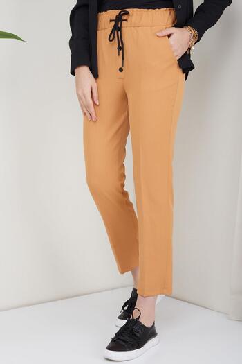 hafsamina Buttoned Lace Fabric Trousers Tan