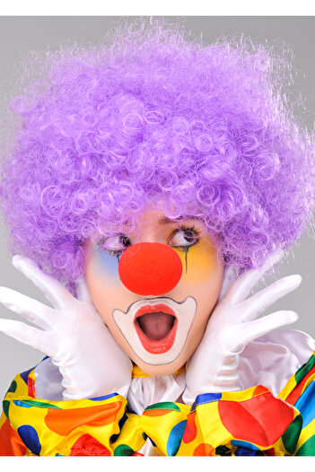 ZERO LAND Sepetim Purple Color Curly Afro Bonus Wig Fake Hair and Red Nose Set