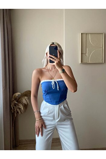 Zora Butik Bağlamalı Straplez Crop-Gök Mavisi