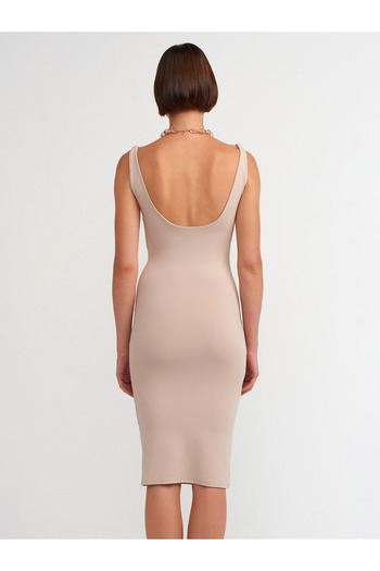 Dilvin 91200 U Collar Stone Colored Polyamide Midi Dress