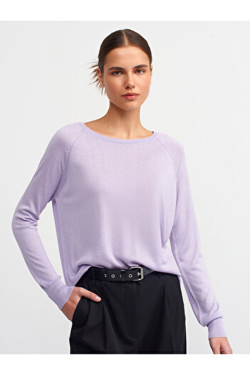Dilvin 10536 Crew Neck Basic Thin Knitwear Sweater-Lilac
