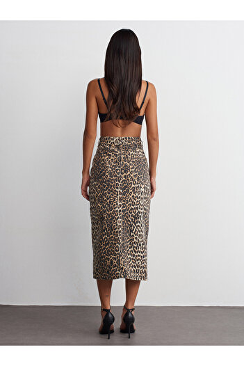 Dilvin 80569 Leopar Desen Denim Etek-kahve