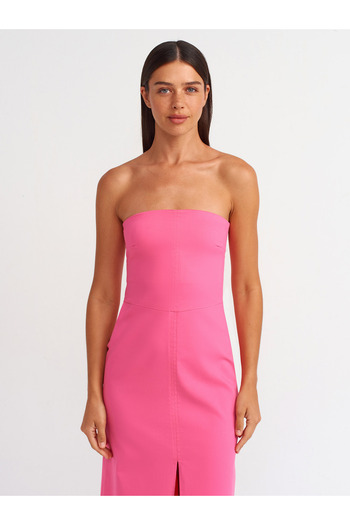 Dilvin 90758 Yırtmaç Detaylı Straplez Elbise-ş.pembe