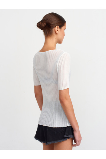 Dilvin 10519 Ribbed Transparent Knitwear Blouse-Ecru