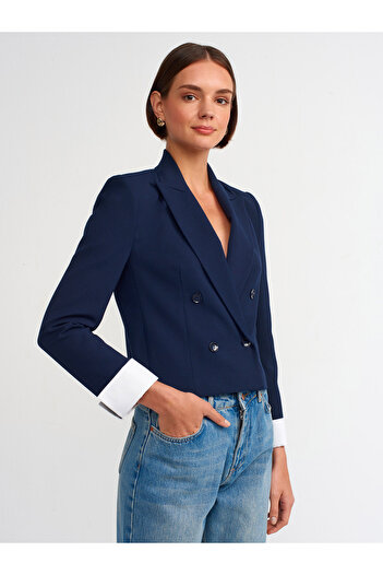 Dilvin 60735 Model Blazer bleumarin deschis cu manșete în contrast