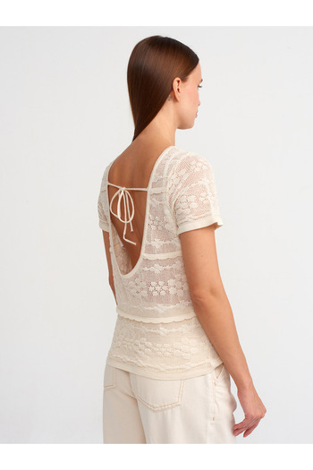 Dilvin 10593 Ecru Openwork Knitwear Blouse - Crew Neck
