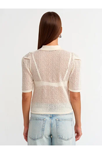 Dilvin 60240 Polo Collar Knitwear Cardigan - Buttoned and Openwork Lacing Detail, Ecru