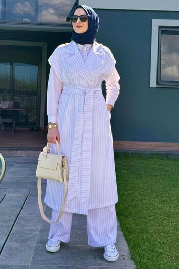Rabia Şamlı Epaulettes Striped Set White