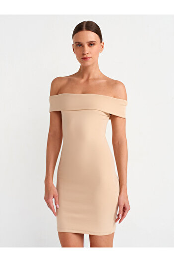 Dilvin 91102 Μίνι Φόρεμα Off Shoulder-Μπεζ ανοιχτό