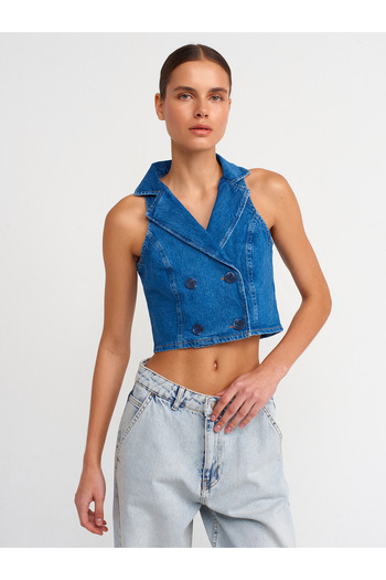 Dilvin 50714 Double Breasted Collar Short Denim Vest-Blue