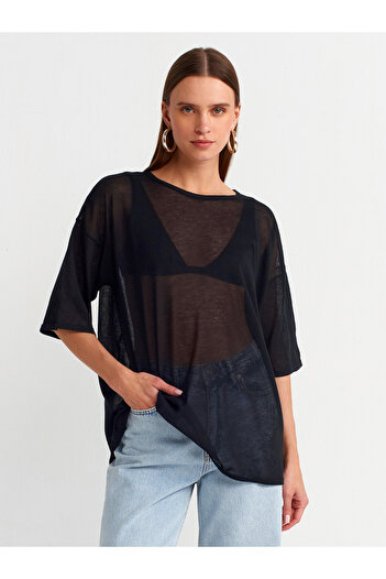 Dilvin 10550 Crew Neck Short Sleeve See-through Blouse-Black