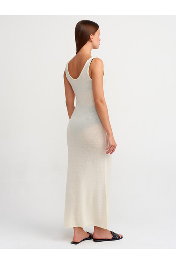 Dilvin 90220 Ecru Oval Collar Transparent Knitwear Dress